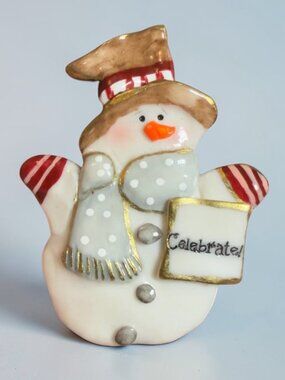 Snowman Brooch Hand Painted Celebrate Sign Winter Holiday Pin 3"
